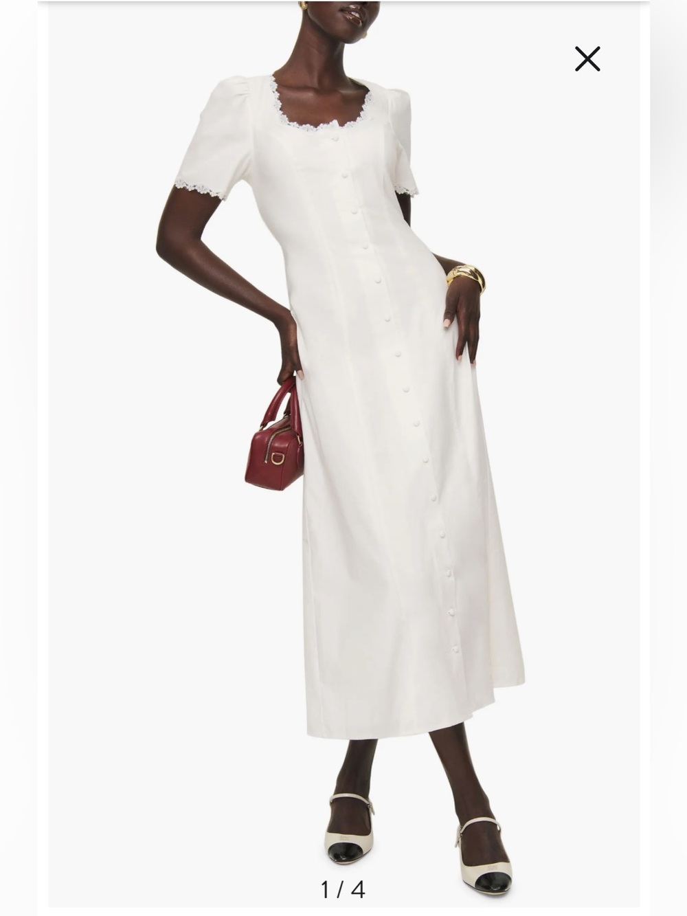 NWT Reformation WHITE ALIDA BUTTON UP LACE TRIM MIDI DRESS Size 8